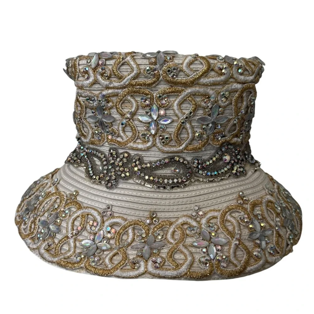 Vintage Shellie McDowell Heavily Embellished Gold Cream Lace Church Dress Hat